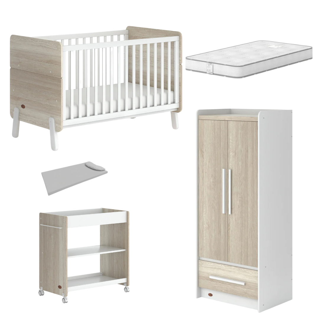 Boori - Natty Cot with Mattress, Universal Changer and Wardrobe Set Barley Oak
